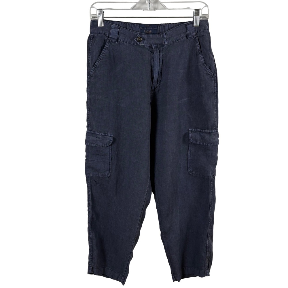 Rachel Roy Cropped Linen Cargo Pants Women's M Navy Blue‎ Elastic Waist Coastal